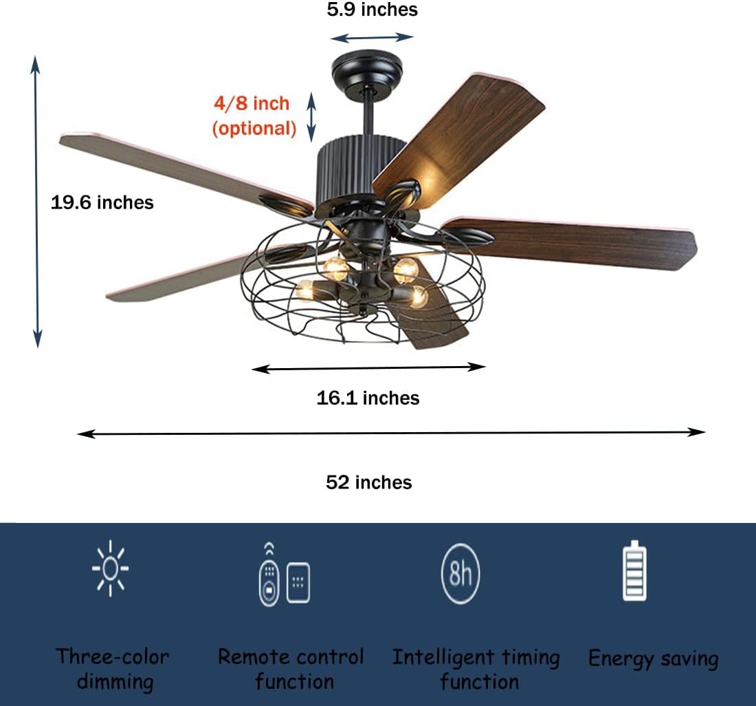 Black Industrial Ceiling Fan with Light and Remote, 5 Wood Blades, 5-Lights E26 Z9699