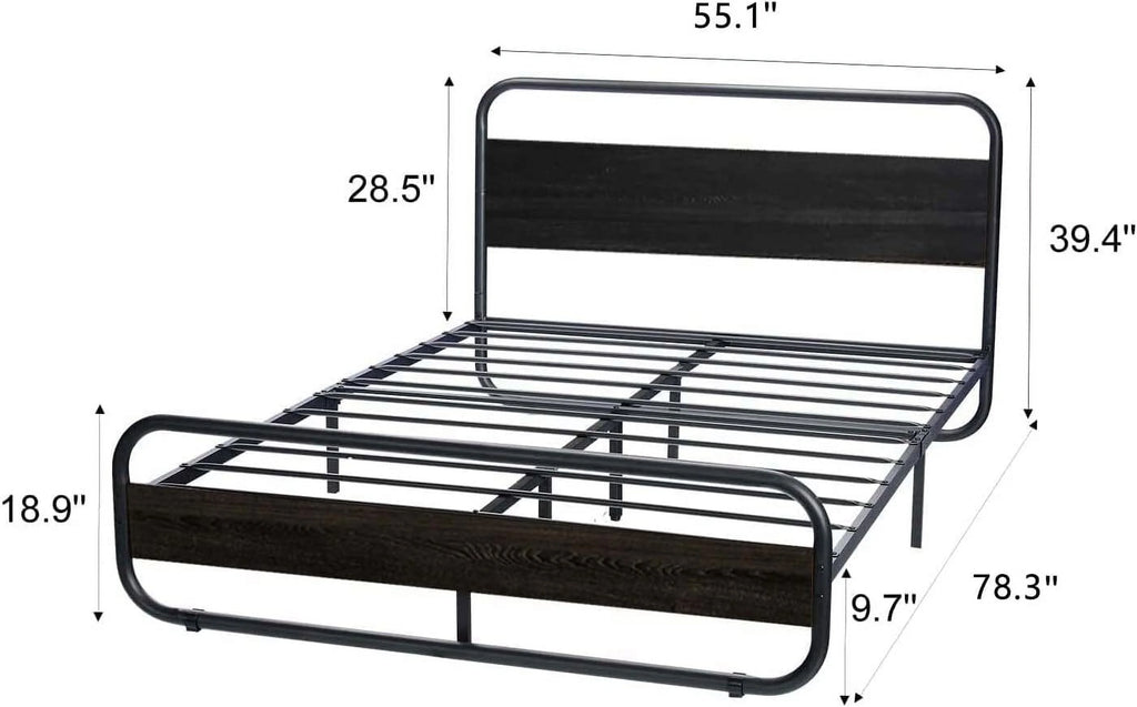 Queen Size Metal Platform Bed Frame with Wooden Headboard T347294