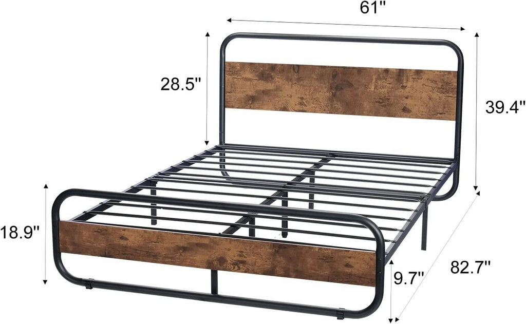 Queen Size Metal Platform Bed Frame with Wooden Headboard T347294