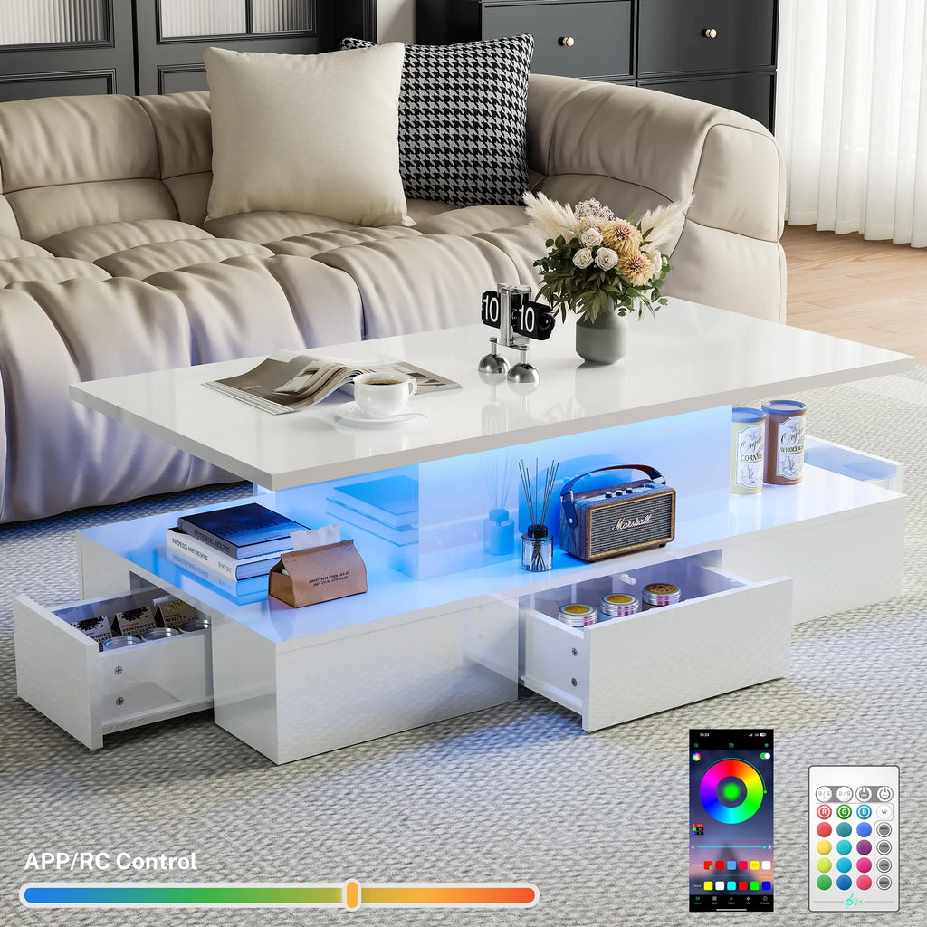 Black LED Coffee Table with 4 Drawers H568882