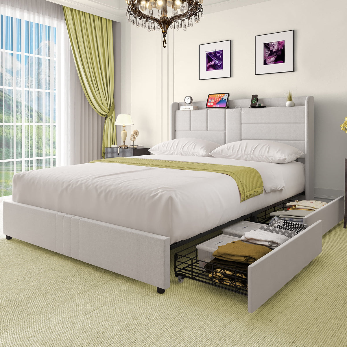 Queen Size Upholstered Platform Bed with Storage Drawers X986