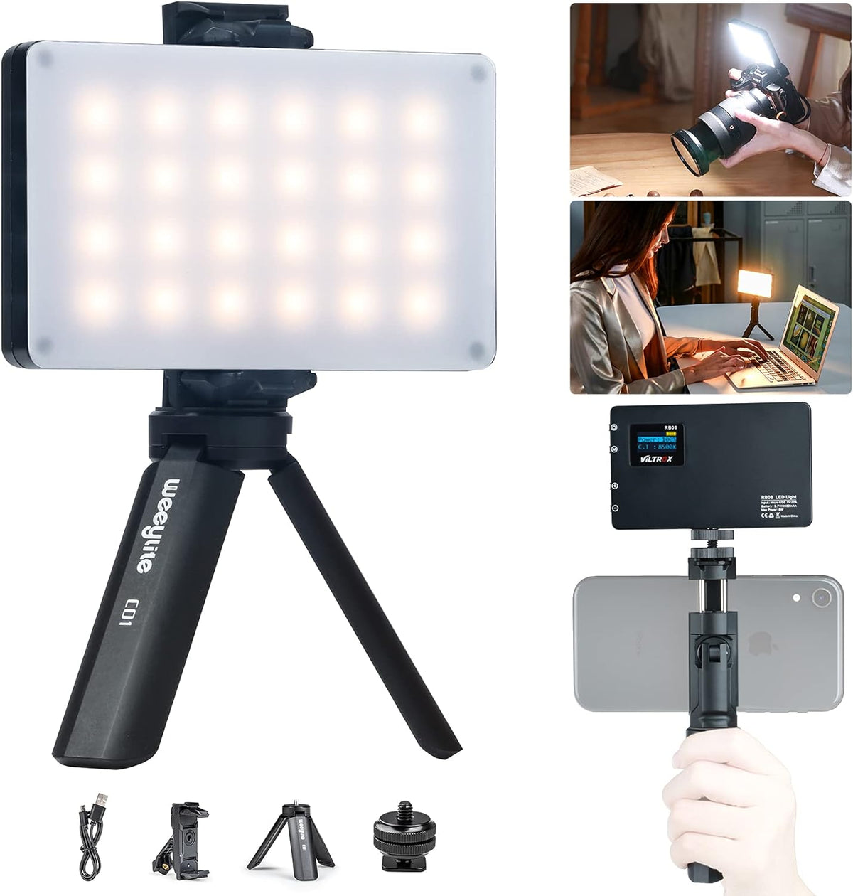 Bi-Color 2500-8500K LED Panel Light Kit with Mini Tripod, Pack of 2 L811