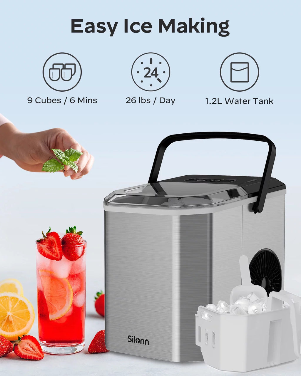 Countertop Ice Maker Machine with Handle, 9pcs/6min, 26lbs/24h, Silver K36812