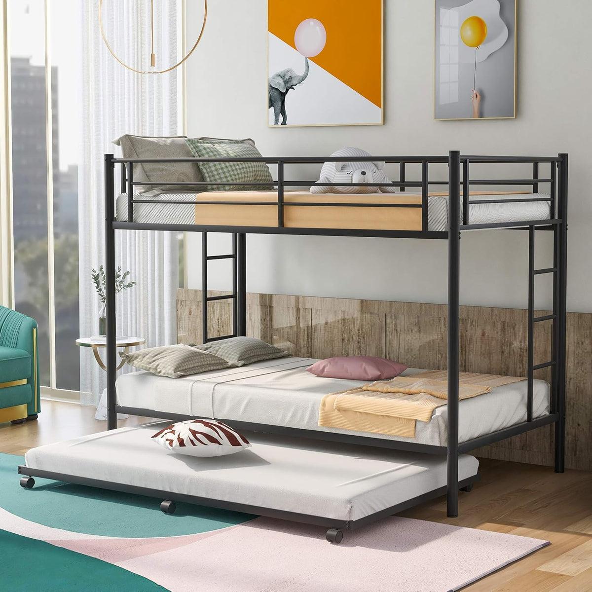 Twin Over Twin Metal Bunk Bed with Trundle and 2 Ladders (White) S46644