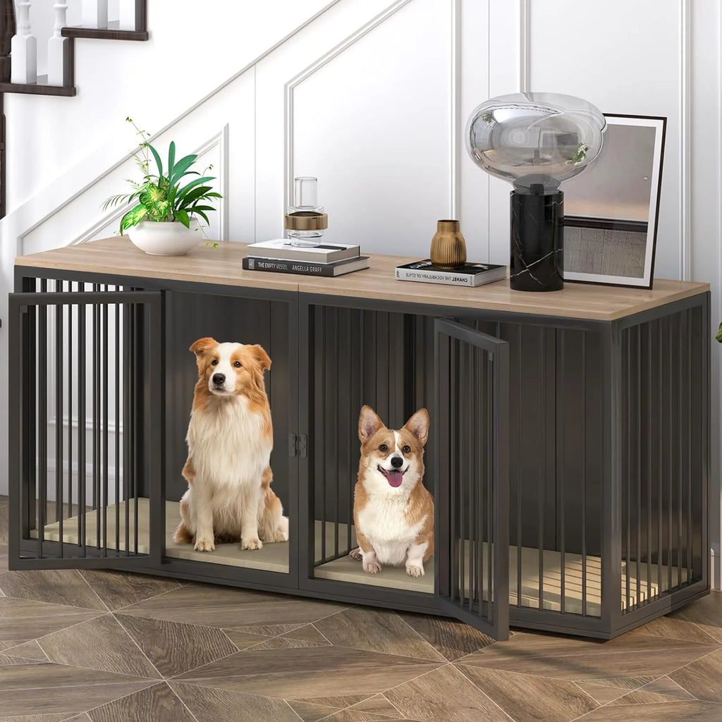 Black Large 2 Dog Steel Frame Wooden Top Crate Furniture O342