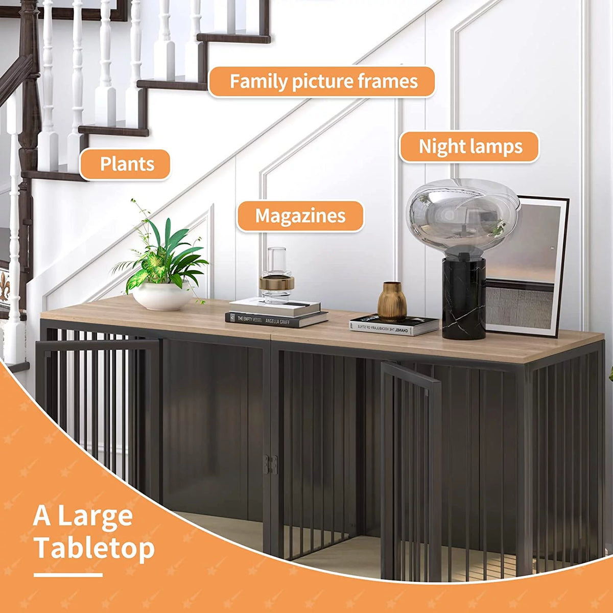 Black Large 2 Dog Steel Frame Wooden Top Crate Furniture O342