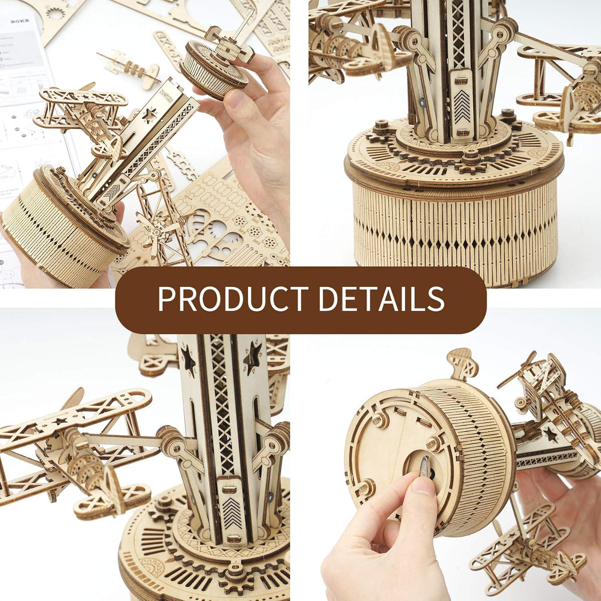 3D Wooden Puzzles Music Box DIY Model Craft Kits Mechanical Airplane-Control Tower Z238